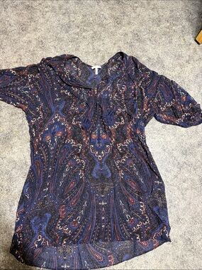 Joie Blue Paisley Silk Blouse with Rust and Cream Accents